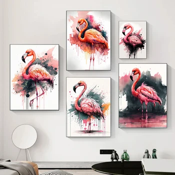 Акварельно-Розово Фламинго, птици, плакати с животни и щампи, печат върху платно, модерна стенни картина за хола, подарък за дома.