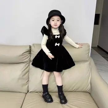Есенно-зимни памучен вълна детски дрехи за момичета, гъста черна рокля без ръкави с лък + Долна риза, комплект от 2 теми, детски връхни облекла