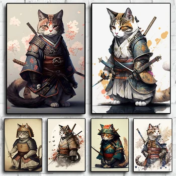 Сладко Японски Котки-самураи, животни, Естетически плакат, картина върху платно, Стенни рисунки, Декорация на детската стая, домашно ресторанта.