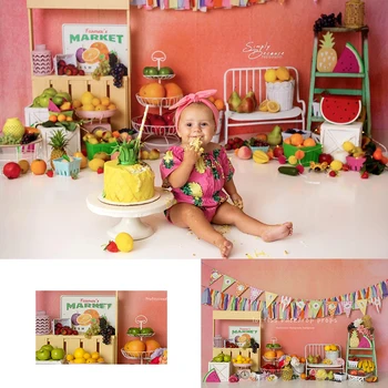 Флорални и Плодови фонове на пазара Подпори за детската, тортата, подпори за фотосесии за деца и възрастни, на фона на пролетни плодове