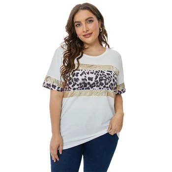 Персонални Леопардовая тениска Големи Размери, Дамски Пролетно-лятна Тениска С Кръгло деколте И Къс Ръкав, Ежедневни Универсална Дамски Свободна Тениска Dom