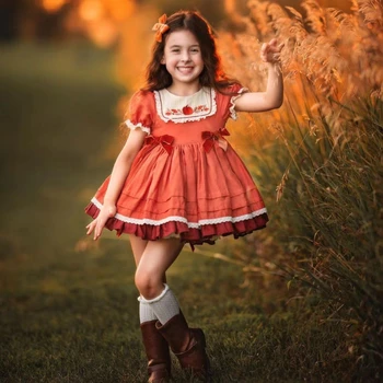 От 0 до 12 години за малки момичета Есен-зима Оранжева тиква Бродерия Турското Винтажное Испанското рокля на принцеса за Коледа