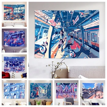Японски гоблен с ръчно рисувани илюстрации, Cartoony аниме-Кийт, градски пейзаж, гоблен, окачена на стената, Кавайный декор на стая
