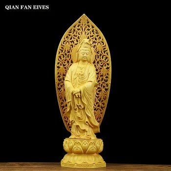 Статуята на лотос Гуаньинь от масивна дървесина, Дървени ръчна дърворезба, Китайска Статуя на Буда, Изискана дърворезба, Аксесоари за украса на дома 27 см