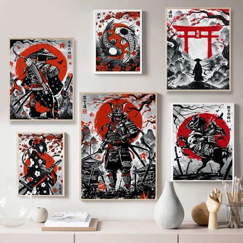 Японски войн в стил мастило, пейзаж Гейша, Риба кран, арт плакат верен привърженик на бушидо, живопис върху платно, Стенни печат, живопис за домашен декор на стаята