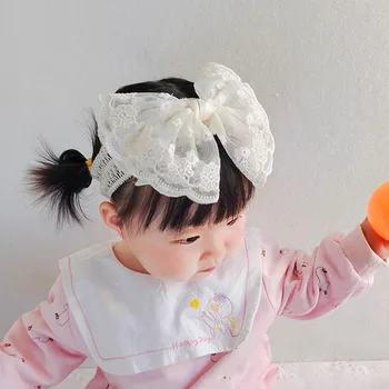 Голям завързана лък Превръзка на главата за момичета Корейската Бродерия Лък Лента За коса Новородено Принцеса Лента За коса Тюрбан Аксесоари За коса