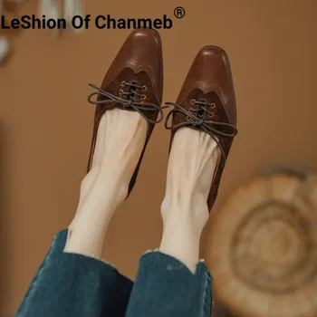 LeShion Of Chanmeb/ Дамски Велурени обувки на плоска подметка от естествена кожа в стил Мозайка дантела, Дизайнерски Дамски обувки Ръчна изработка с Появата на шнур, Кафяви 40