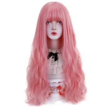 Елегантни дълги вълнообразни синтетични медни розово-кафяви перуки с бретон за жени, cosplay Лолита