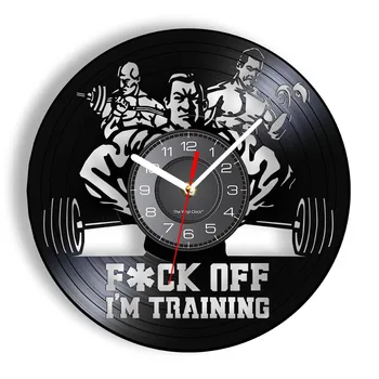 F - Off I ' m Training Вдъхновяваща Цитат Vinyl Плоча Стенни Часовници За Фитнес-Център Домашен ФИТНЕС Културизъм Музика Корица на Албума Часове