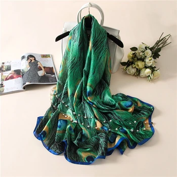 Нов коприна Пролетно-есенния женски шал с луксозен дизайнерски принтом, дамски плажен шал, модерен, елегантен Квадратен шал, тюрбан женски