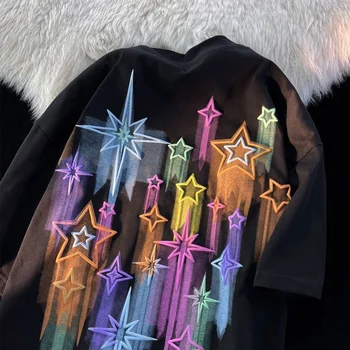Хип-хоп Унисекс Блузи с къси ръкави и Летни Harajuku Творчески тениски с изображение на петна и звездата, Висококачествени памучни тениски оверсайз