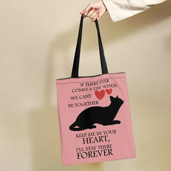 Дамски розова чанта Yikeluo от еко-платното, черна пазарска чанта с 3D-печат с анимационни котка, сгъваема чанта за вода