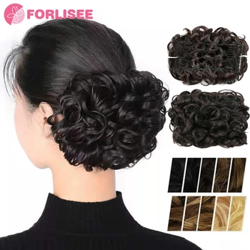 FORLISEE Синтетичен комплект за къдрава коса с помощта на гребен за коса разширения за жени, висок кок, външен перука, комплект за удължаване на косата