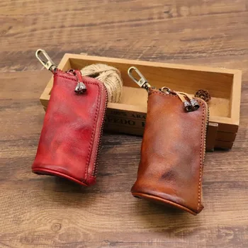 Ново записване, мъжка чанта за ключове от естествена кожа, ключодържател, модни домашна чанта за съхранение с цип, двойна чанта за ключове, автомобилна чанта за мъже