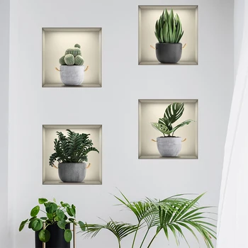 4ШТ 3D Зелени растения растения в саксии Стикер на стената Накладное Прозорец Винилови стикери за стена на Фона на декор за хола Стикери за стена