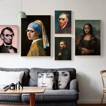 Забавен Ван Гог, Мона Лиза, стръмни слънчеви очила, плакат, Известните фигури в чашите, живопис върху платно, Живопис за домашен декор на стените в спалнята