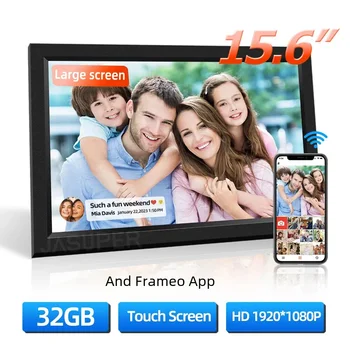 15,6-инчов цифрова фоторамка Frameo WiFi Smart Digital Picture Frame, 32 GB памет, сензорен IPS FHD, голям дисплей с автоматично завъртане