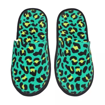 Домашни чехли, пантофи за спални, меки чехли със зелен леопардовым модел, пухкав плюшен обувки