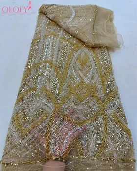 Висококачествена и луксозна френска бродерия, тежка лейси плат, за да оформите в Африка нигерия стил с пайети за сватбена рокля