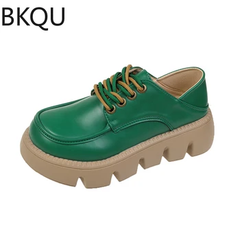 2023 BKQU/ Нови Малки Кожени Обувки в европейския и Американския стил в стил ретро, Универсални Обувки дантела С кръгла петите, кожени дамски обувки на плоска подметка