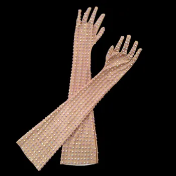 Моден Еластичен вечерни ръкавици с кристали, дамски дълги ръкавици за бала с лъскави кристали цвят на кожата, аксесоари за танцьорки, певици, етап аксесоари