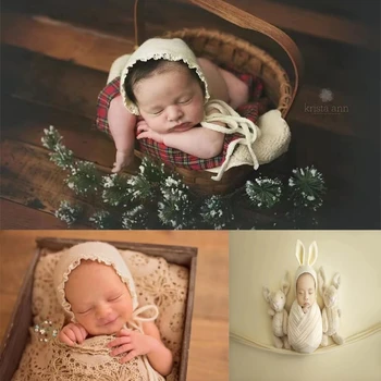 Dvotinst новородени снимки подпори детски сладки възли зайки шапка заек шапки с ушите си, Завързана шапки на студийната стрелба снимка подпори