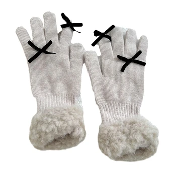 Crochet ръкавици с плюшени белезници Зимни ръкавици на всички пръсти Разтеглив топли ръкавици с фин бантиком за момичета, юноши