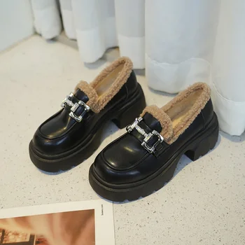 Дамски обикновена обувки-лодка на високо квадратен ток, модерен зимни ежедневни дамски обувки без обков с кръгла пръсти, къси плюшени обувки-лодка Zapatos