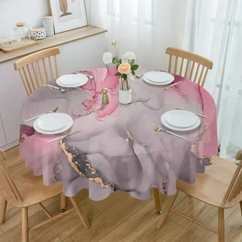 Мраморна текстура, Акварел, Розово-сива Кръгла покривка, Водоустойчив капак за масата за сватбеното парти, Коледна покривка за масата за хранене