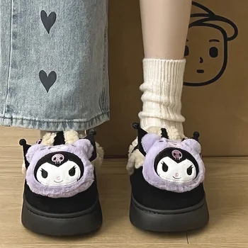 Обувки с памучна подплата, Kawaii Sanrio Kuromi, Зимни топли чехли с картина на картун, които могат да се носят навън, подарък за Коледа за приятелка