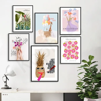 Жираф, папагал, цветя, ягоди. Скандинавски модерен стил. Художествен плакат за домашен интериор на стените.