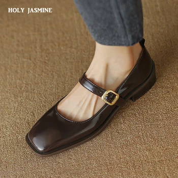 2024 Нова дамски обувки от естествена кожа с квадратни пръсти на среден ток Пролетни обувки за зрели, сладки срещи, дамски обувки-лодка Mary Janes с каишка и катарама