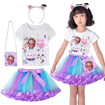 Комплект за момичета от куклена къща Габби, детски комплекти костюми за cosplay с летни котки-модерен потник + пола + чанта, с костюм от 3 теми