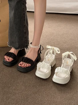 Удобни обувки за жени, перлени сандали, дамски бежови сандали на блок ток, увеличаване на растежа, универсални черни панделки, мода 2023 г., масивна Джи