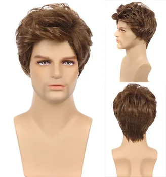 Нов стилен мъжки перука с къси кафяви вълнообразен коса за пълни