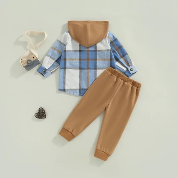 Комплекти дрехи от 2 теми за малки момчета, изпъстрен блузи с качулка, копчета, Обикновена комплекти за панталони