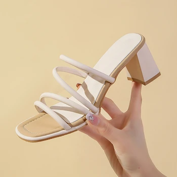 Сандали, дамски елегантни летни дамски чехли на квадратен ток, Кожени дамски слайдове с появата на шнур, модни дамски сандали 2023