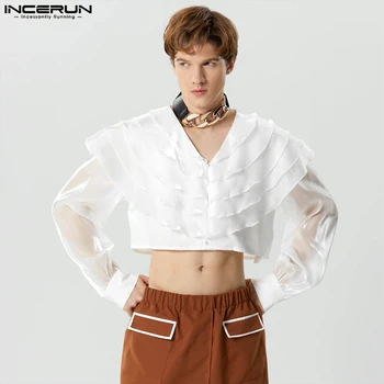 INCERUN Мъжка риза с рюшами, обикновена риза унисекс с V-образно деколте и дълъг ръкав, укороченная градинска дрехи, прозрачни ризи копчета за модни партита