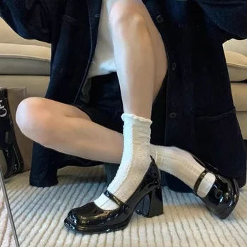 Пролетни Дамски обувки на висок ток С квадратни пръсти, Френски Черни Обувки С отворени Пръсти И изкривени, Фини обувки На дебелите обувки, Дамски обувки Mary Jane