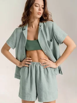 Жена домашен костюм от 100% памук, спално бельо с ревери, однобортный пижамный комплект с къси панталони, однотонная пижама с джоб