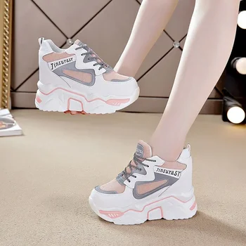 2024 Нови бели обувки на висок ток, дамски обувки в масивна ток, маратонки на танкетке за момичета, розови маратонки на платформа, дамски обувки в дебела подметка