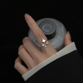Нов пръстен с четырехконечной звезда сребрист цвят в стил пънк, окачване с цирконием, Оригинален пръстен ръчна изработка на контролирани размер за жени