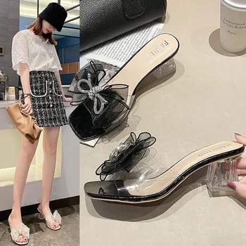 2021, Нови модни Корейски чехли, дамски летни сандали, Външна мрежа дрехи, лък, кристал, Дебел ток, Дамски чехли на висок ток