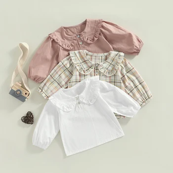 Ризи за момиченца от 1 до 5 години, блузи в клетка / обикновена риза с кукла яка и дълги ръкави, пролетно-есенни модни ежедневни блузи