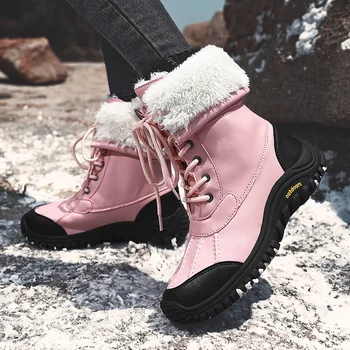 Зима 2023, Нови розови дамски топли къси плюшени зимни обувки дантела, Модерни ежедневни дамски кожени обувки голям размер