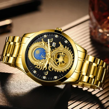 Луксозни мъжки бизнес часовници Dragon Финикс, календар с Луната и звездите, блеснали в мрака, златно покритие Водоустойчив d88