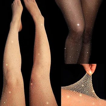 Секси мрежести чорапогащници с диаманти за жени, сексуална лъскави модни мрежести чорапогащи, дамски тънки найлонови чорапи с кристали, черни найлонови мрежести чорапи, чорапогащи