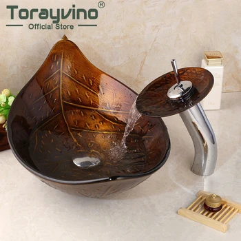 Torayvino, Мивка за баня, мивка, изработени от закалено стъкло, Мивка под формата на листа, Кран с червена рисувани, Месинг съд с водопад, Набор от тоалетни принадлежности