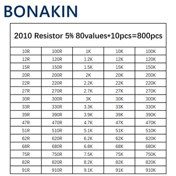 800шт 2010 Комплект SMD резистори Асорти Комплект 1 ом-1 M Ω 5% 80 стойности * 10шт = 800шт Набор от проби