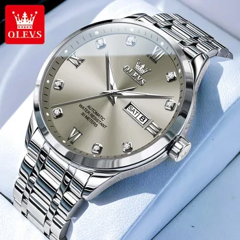 Луксозни мъжки часовник OLEVS с циферблат дата на седмица от неръждаема стомана, водоустойчив, светещи, мъжки бизнес автоматични механични ръчни часовници